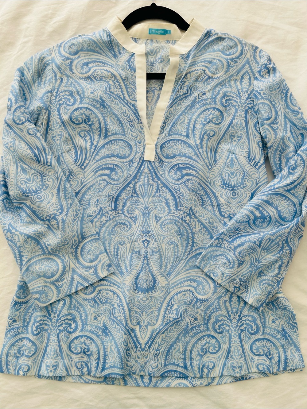 J McLaughlin Blue & White Paisley Silk Tunic Blouse Sz 6 Coastal Elegant Light
